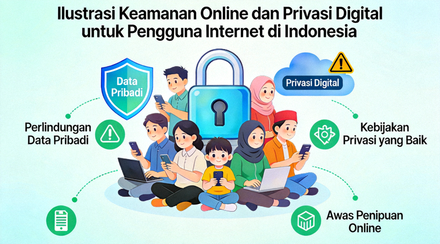 Ilustrasi keamanan online dan privasi digital untuk pengguna internet di Indonesia