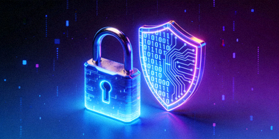Konsep keamanan siber dengan simbol gembok dan perisai digital