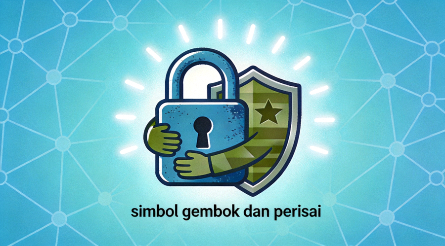 Ilustrasi keamanan digital dan akses internet yang aman dengan simbol gembok dan perisai