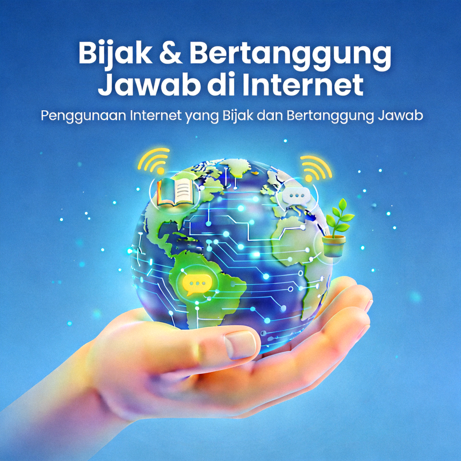 Ilustrasi penggunaan internet secara bijak dan bertanggung jawab dengan simbol tangan memegang globe digital