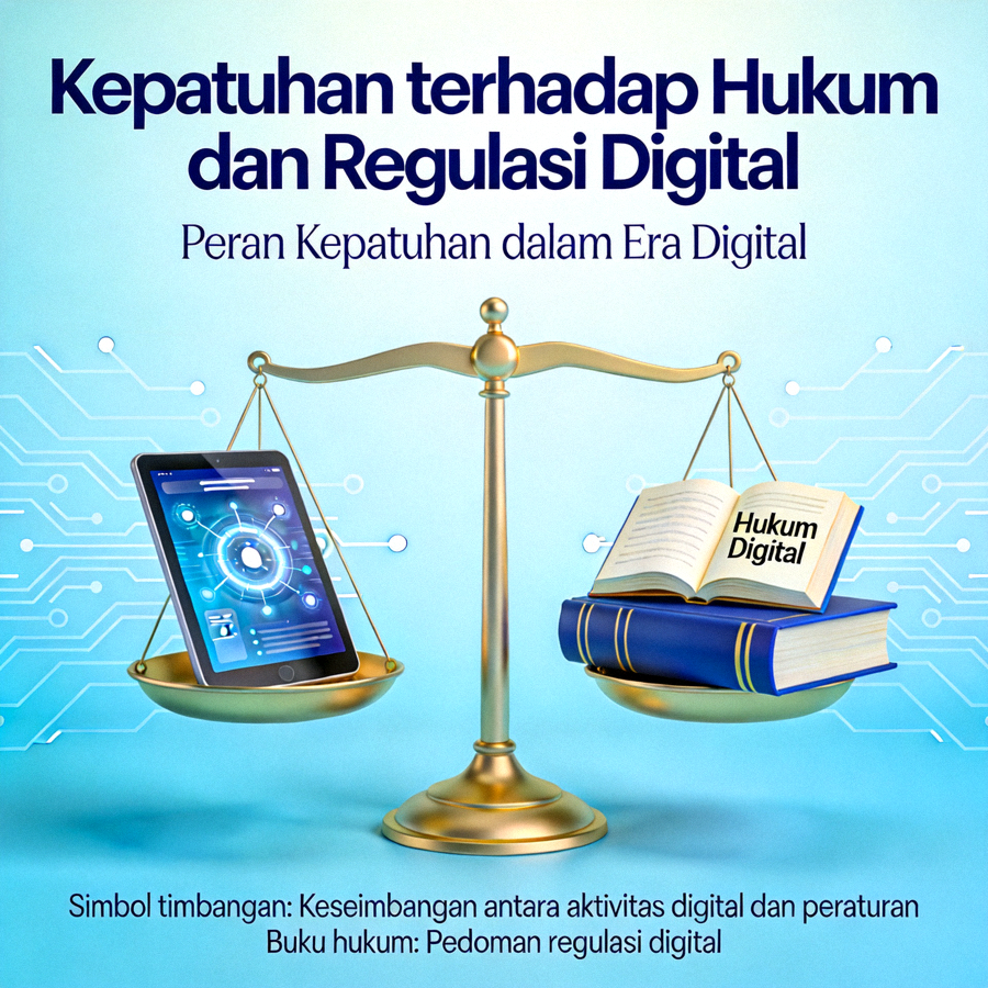 Visualisasi kepatuhan terhadap hukum dan regulasi digital dengan simbol timbangan dan buku hukum